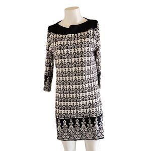 La Moda women's floral above knee black white dress NWT boat neck long sleeve